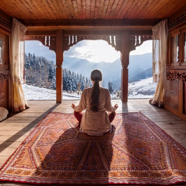 an image of meditating person in winter kashmir valley inside a beautiful designed kashmiri room 26-12-2024 at 12-34-15
